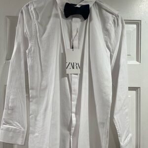 Zara Boy’s Classic White Dress Shirt (size 11-12y)with Dark Green Velvet Bow Tie